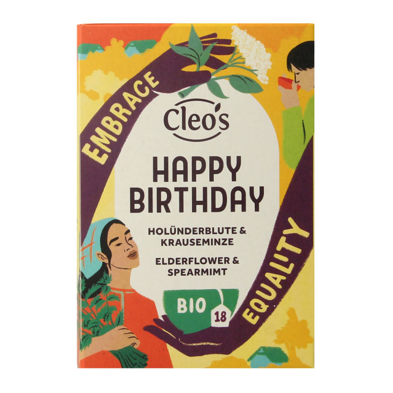 Cleo's Happy Birthday bio 18 tea and coffee sachets box with colorful birthday-themed packaging.