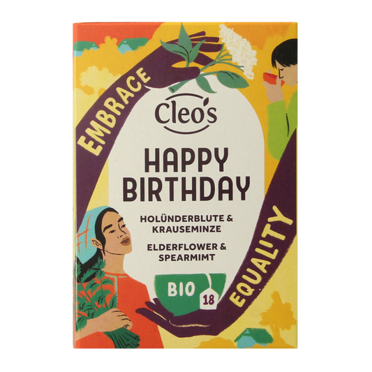 Cleo's Happy Birthday bio 18 tea and coffee sachets box with colorful birthday-themed packaging.