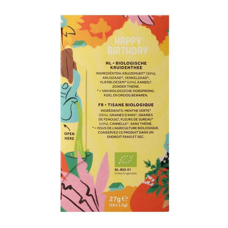 Cleo's Happy Birthday bio 18 coffee and tea sachets in colorful packaging, perfect for celebrating special occasions.