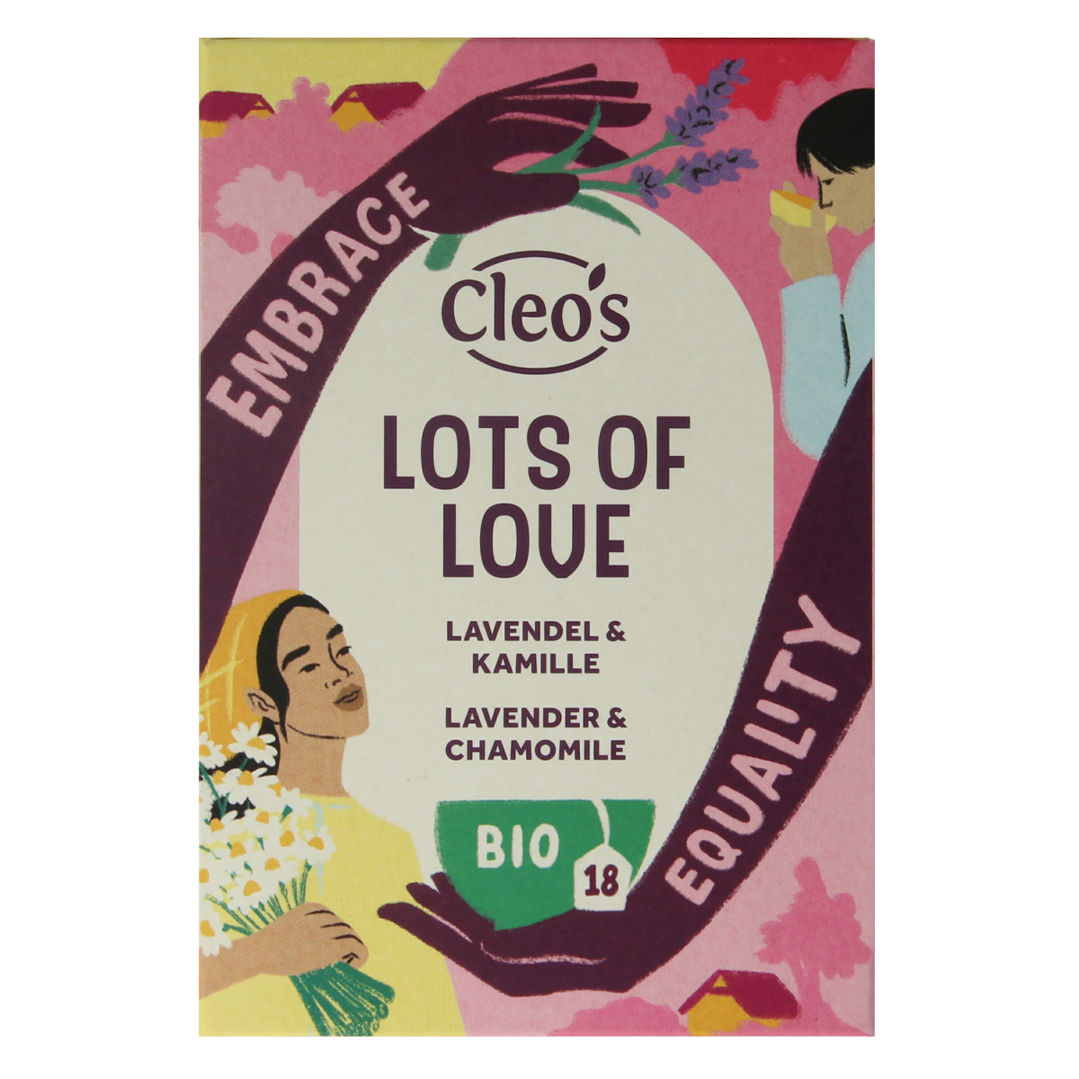 Cleo's Lots of Love Bio coffee and tea gift set with 18 tea bags, featuring organic coffee and herbal tea in colorful packaging