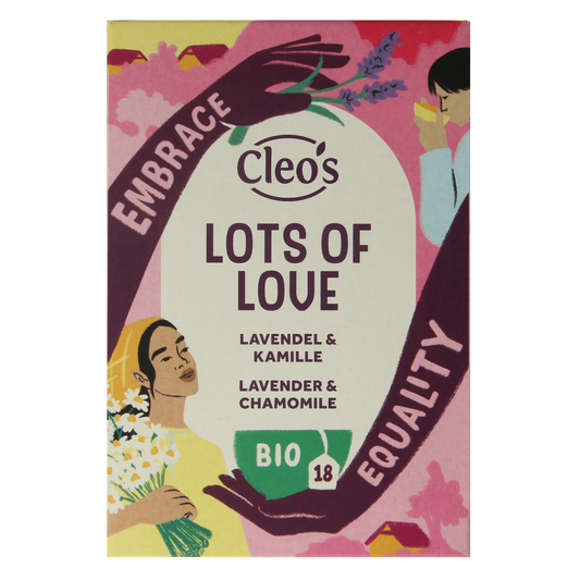 Cleo's Lots of Love Bio coffee and tea gift set with 18 tea bags, featuring organic coffee and herbal tea in colorful packaging