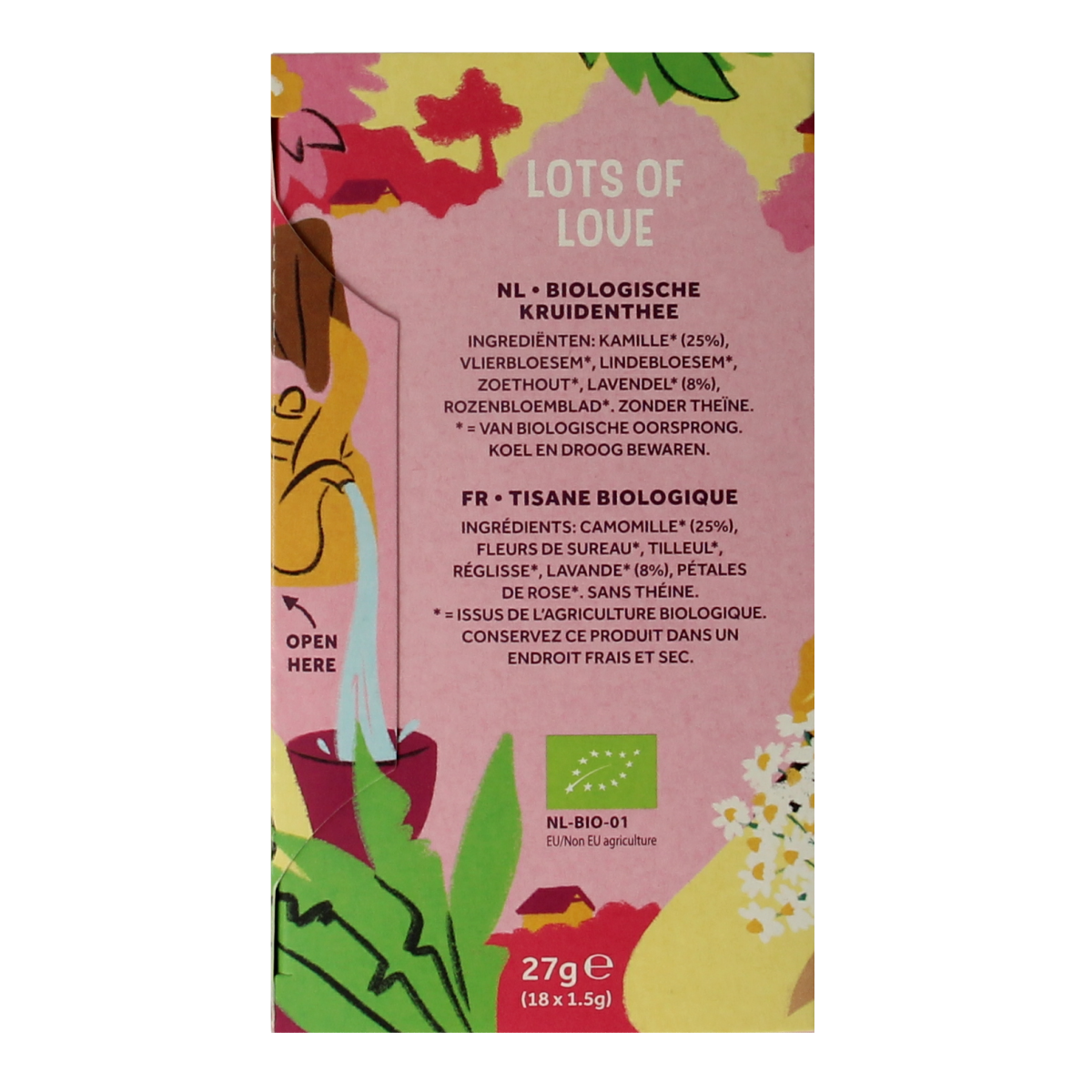 Cleo's Lots of Love Bio coffee and tea gift pack with 18 sachets, featuring organic coffee and tea blends in colorful packaging.