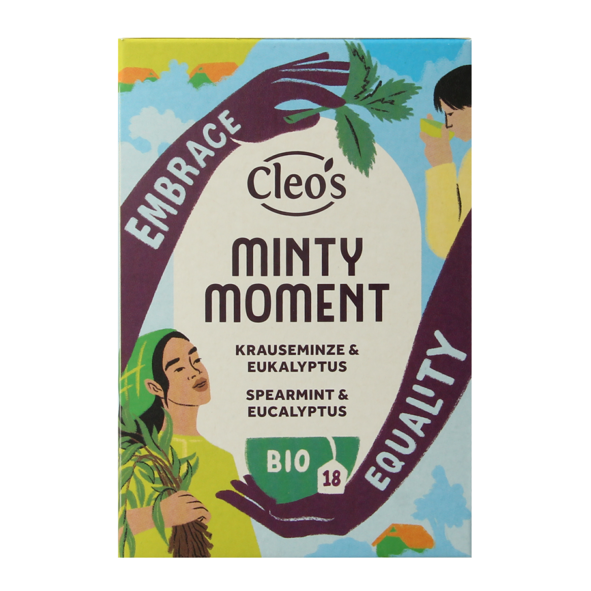 Cleo's Minty Moment Bio coffee and tea sachets, eco-friendly packaging with fresh mint flavor, on a white background.