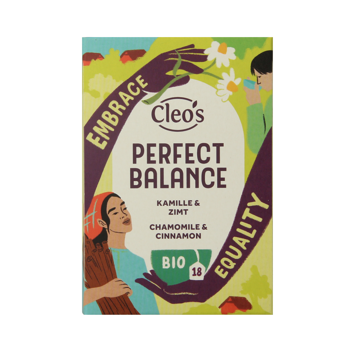 Cleo's Perfect Balance Bio coffee and tea sachets, eco-friendly packaging, with fresh coffee beans and tea leaves visible.
