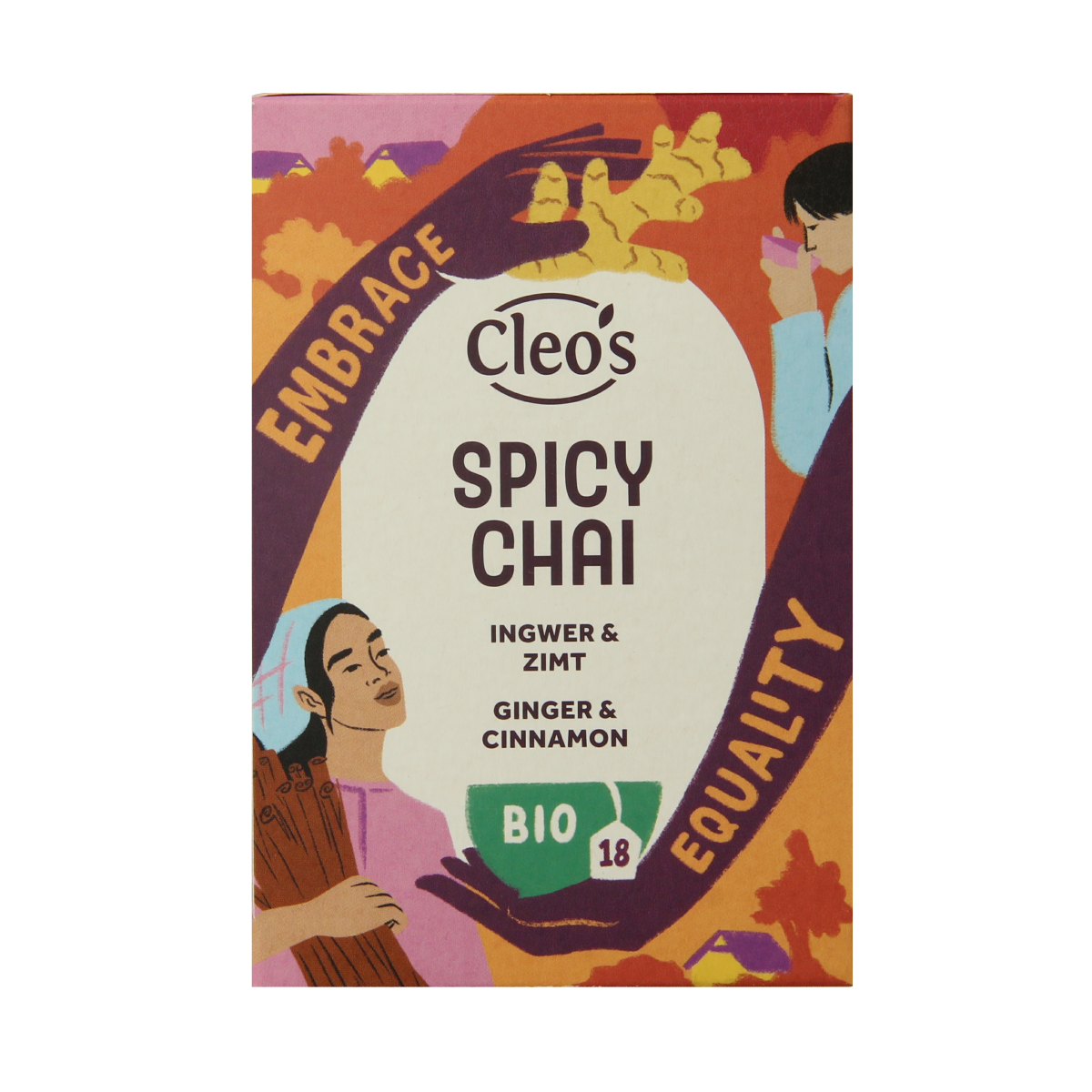 Cleo's Spicy Chai bio tea in 18 tea bags, organic and aromatic with a spicy, warm flavor, shown in the product image