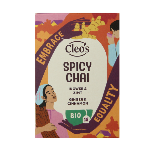 Cleo's Spicy Chai bio tea in 18 tea bags, organic and aromatic with a spicy, warm flavor, shown in the product image