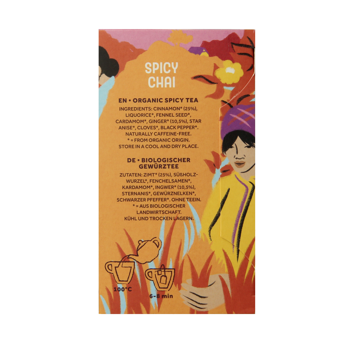 Cleo's Spicy Chai bio tea in 18.00 organic tea bags, featuring a warm, spicy blend in a colorful package.