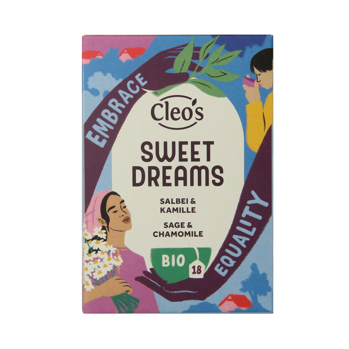 Cleo's Sweet Dreams bio coffee and tea in 18 biodegradable sachets, with a cozy, calming packaging design.