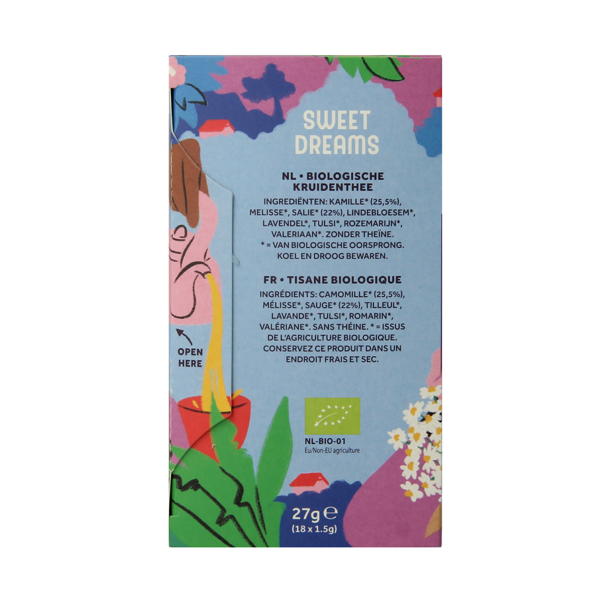 Cleo's Sweet Dreams bio coffee and tea blend in 18.00 zakjes, organic and aromatic herbal tea packaging.