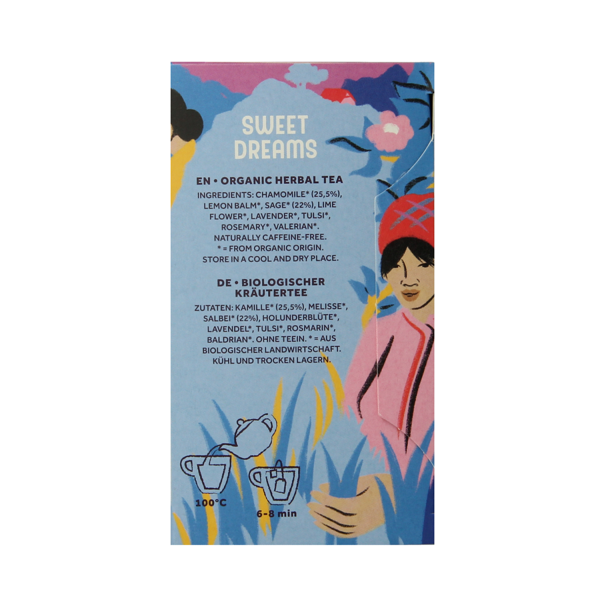 Cleo's Sweet Dreams bio coffee and tea product packaging with 18 biodegradable sachets in a colorful box.