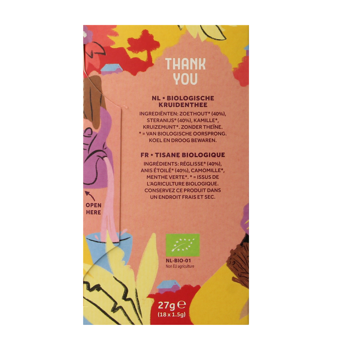 Cleo's Thank you bio coffee and tea gift pack with 18 biodegradable sachets, featuring natural packaging and branding.