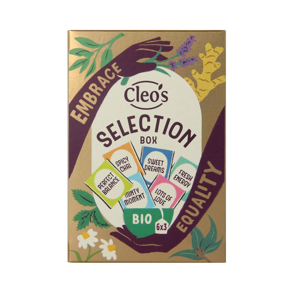 Cleo's Selection box bio with 18 coffee and tea sachets, featuring a variety of organic coffee and tea blends in colorful packaging.