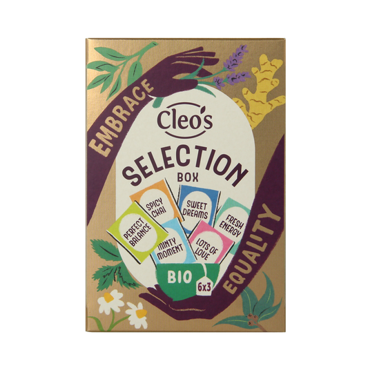 Cleo's Selection box bio with 18 coffee and tea sachets, featuring a variety of organic coffee and tea blends in colorful packaging.