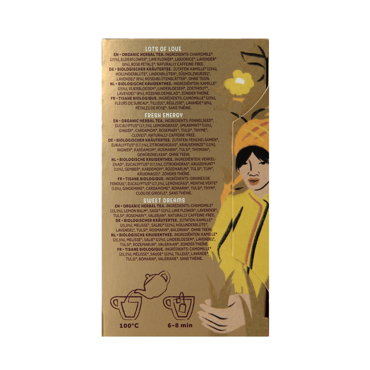 Cleo's Selection box bio with 18 coffee and tea sachets, featuring a variety of organic coffee and tea products in a colorful box.