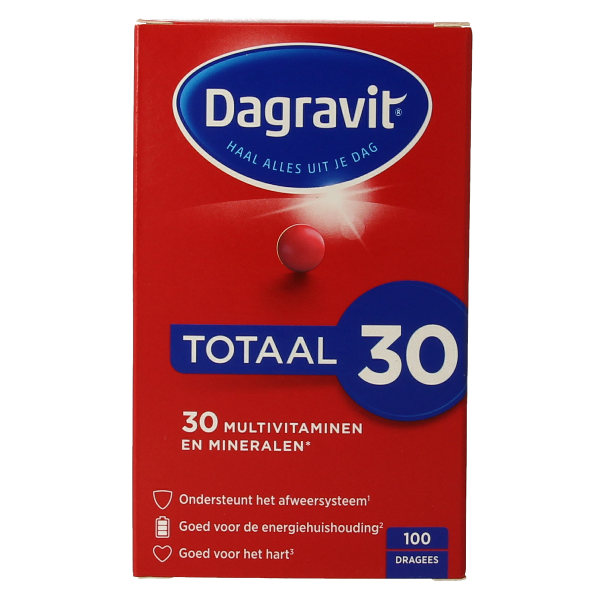Dagravit Totaal 30 multivitamin dragees in a clear container, showing the small, colorful capsules inside.