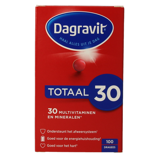 Dagravit Totaal 30 multivitamin dragees in a clear container, showing the small, colorful capsules inside.