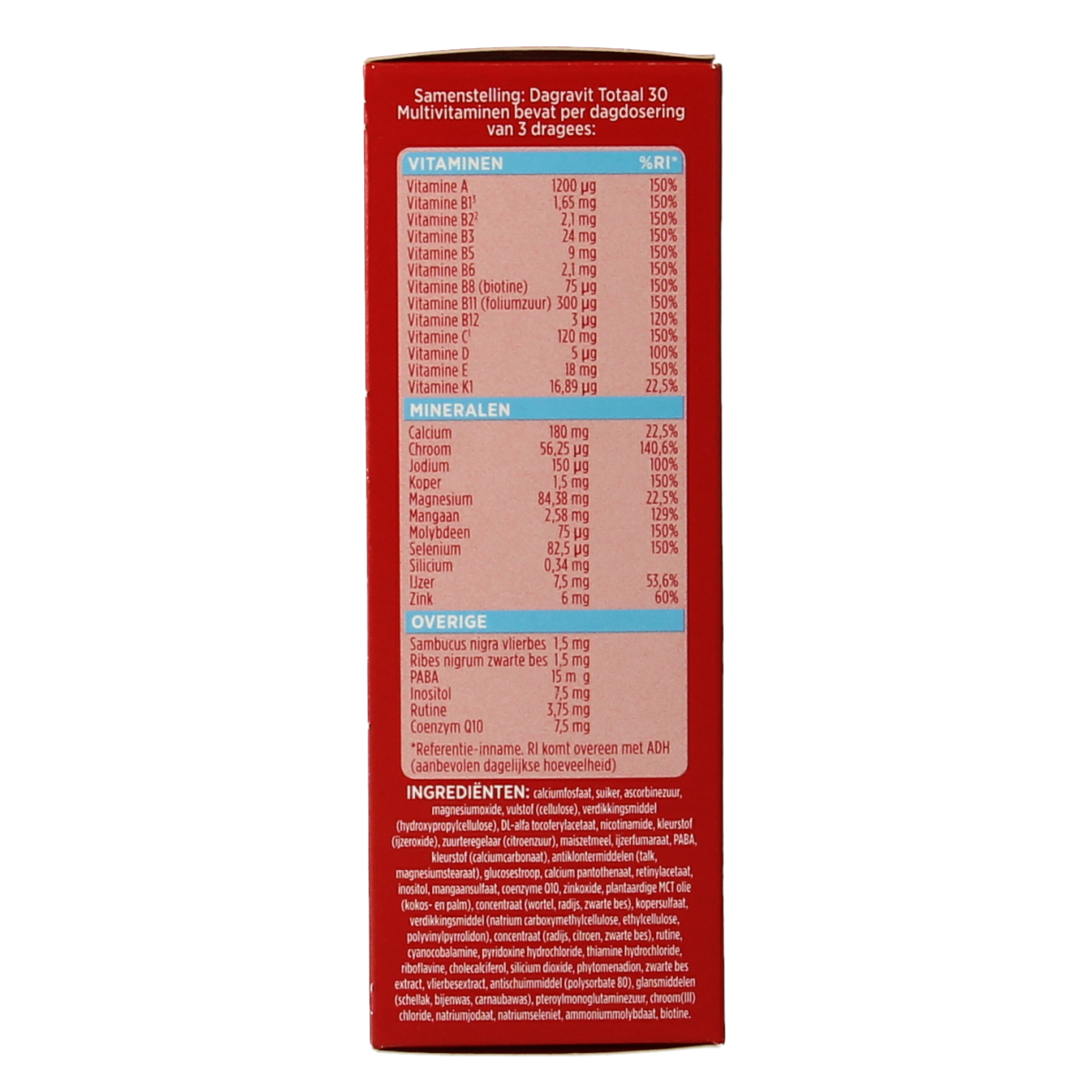Dagravit Totaal 30 multivitamin dragees in a clear container showing the colorful coated tablets.