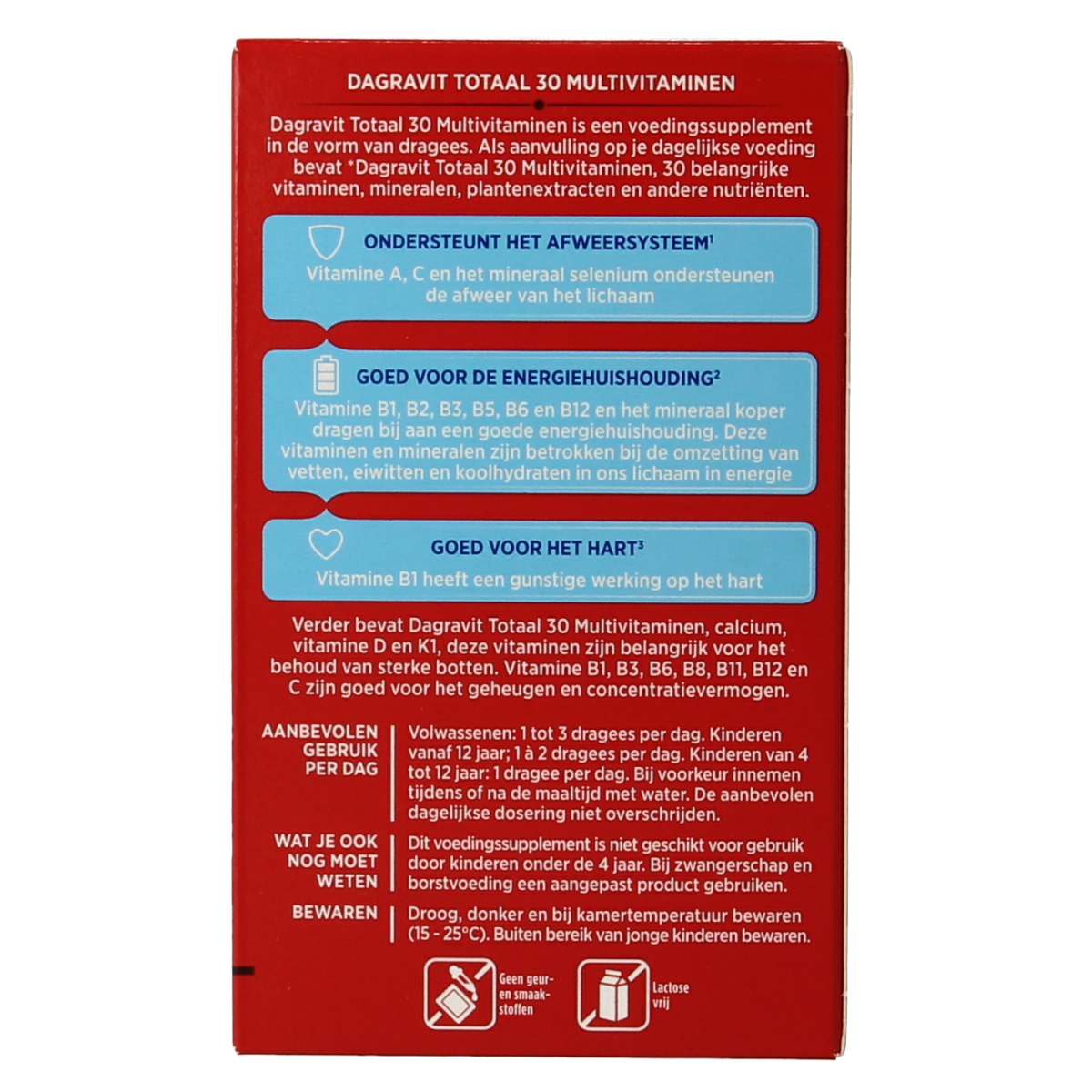 Dagravit Totaal 30 multivitamin dragees in a white bottle, showing the label and colorful tablets inside.