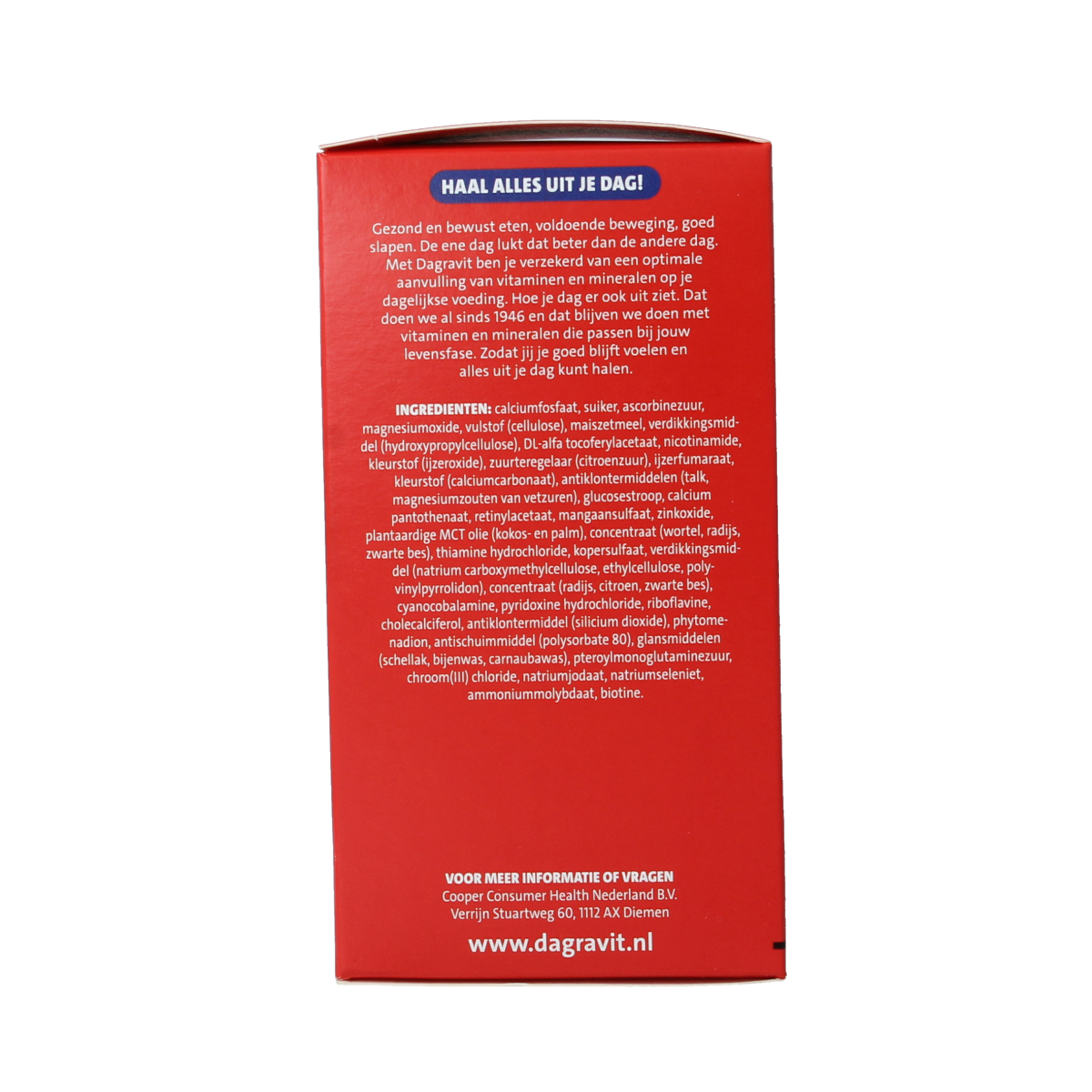 Dagravit Totaal 30 multi-vitamin dragees in a white container, showing the colorful coated tablets inside.
