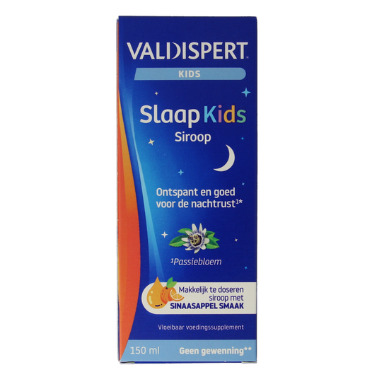 Valdispert Slaap Kids herbal supplement bottle with 150ml label and dropper for children’s sleep support.