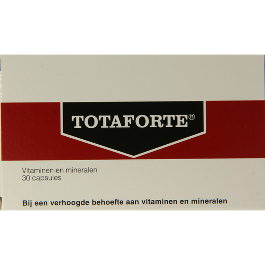 Bottle of Totaforte Multi Vitamine capsules, 30-count, with colorful label showing multi vitamin supplement for daily health.