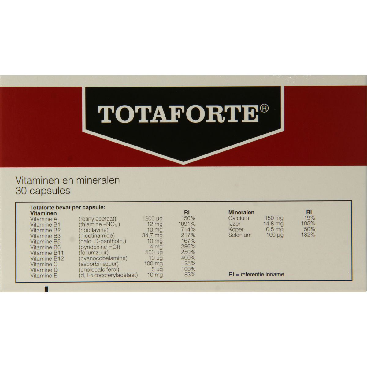 Bottle of Totaforte Multi Vitamine capsules, showing 30 capsules in a clear container with label detailing multivitamin supplement.