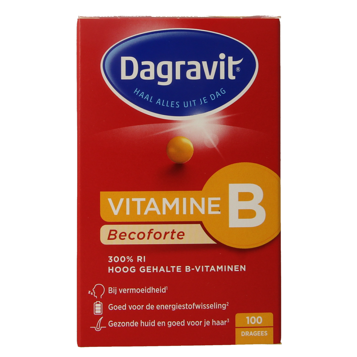Dagravit Becoforte 100mg multivitamin dragees in a blister pack, featuring colorful coated tablets for daily nutritional support.