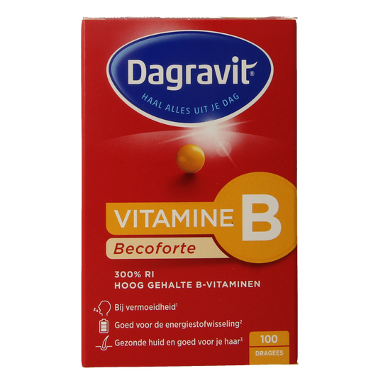 Dagravit Becoforte 100mg multivitamin dragees in a blister pack, featuring colorful coated tablets for daily nutritional support.