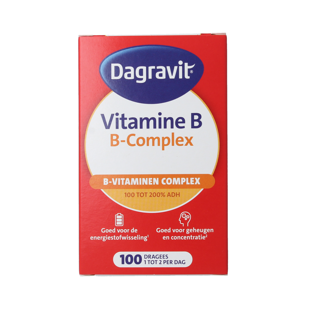 Dagravit B complex 100 mg multivitamin dragees, showing the round, coated B vitamin supplement tablets in a blister pack.