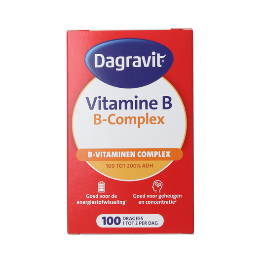 Dagravit B complex 100 mg multivitamin dragees, showing the round, coated B vitamin supplement tablets in a blister pack.