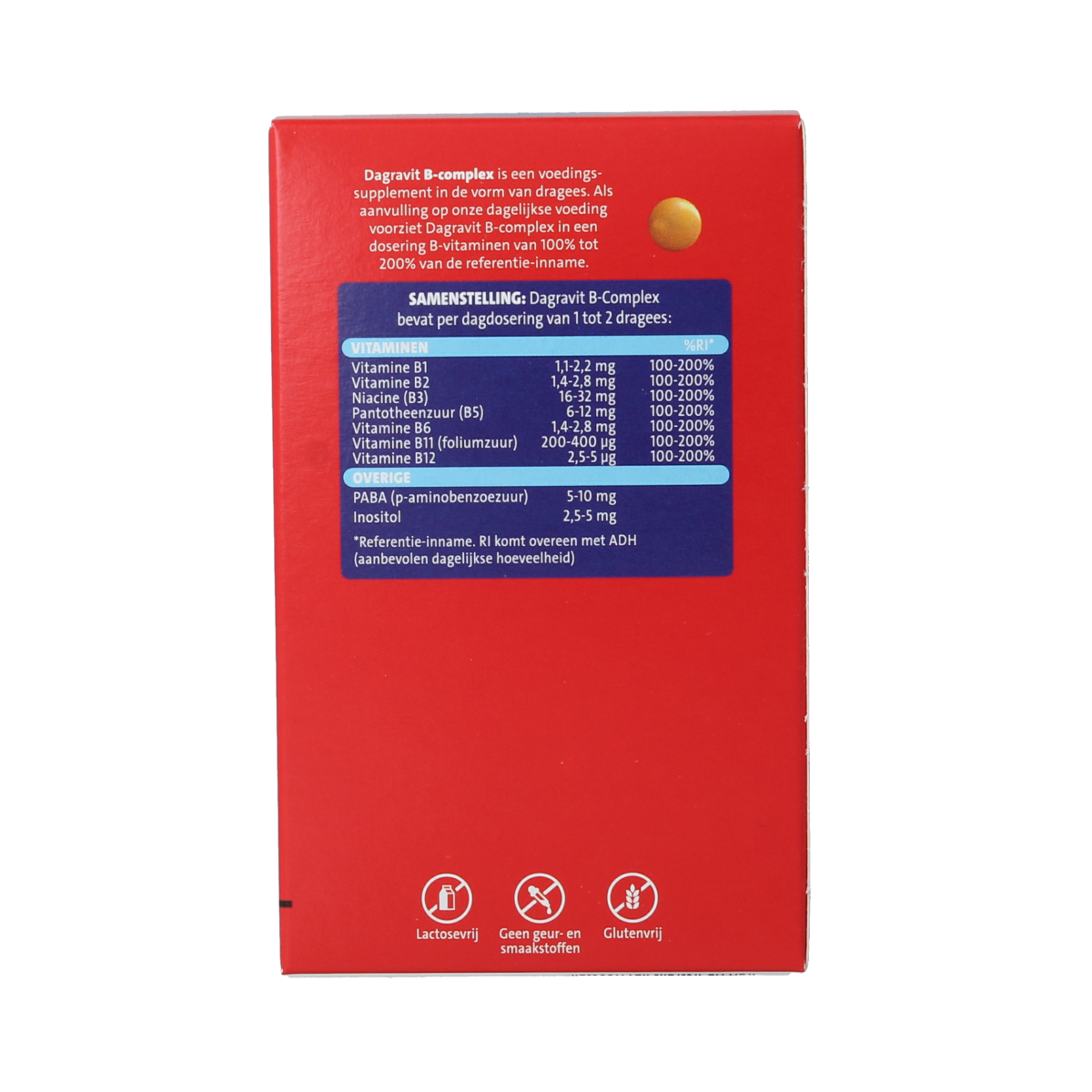 Dagravit B complex 100 mg multi-vitamin dragees in a clear container showing colorful tablets, supplement for energy and health.