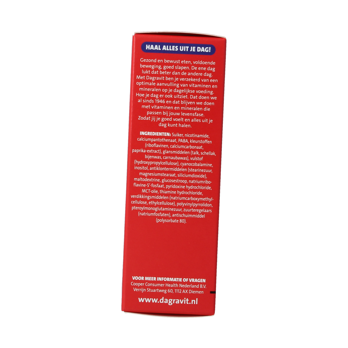 Dagravit B complex 100mg multi-vitamin dragees in a clear container, showing colorful round tablets inside.