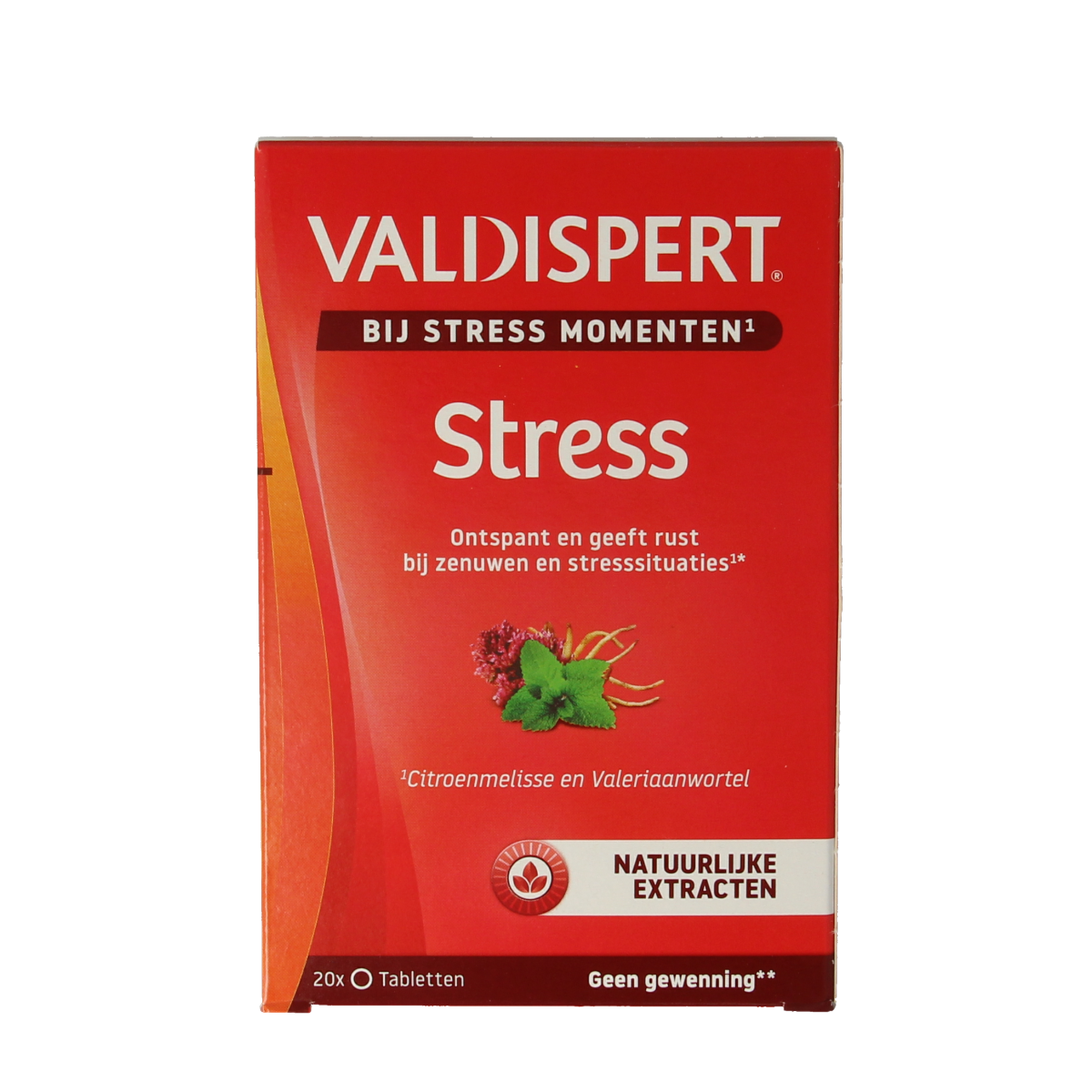 Valdispert Stress herbal supplement tablets in a blister pack, natural herbal remedy for stress relief.