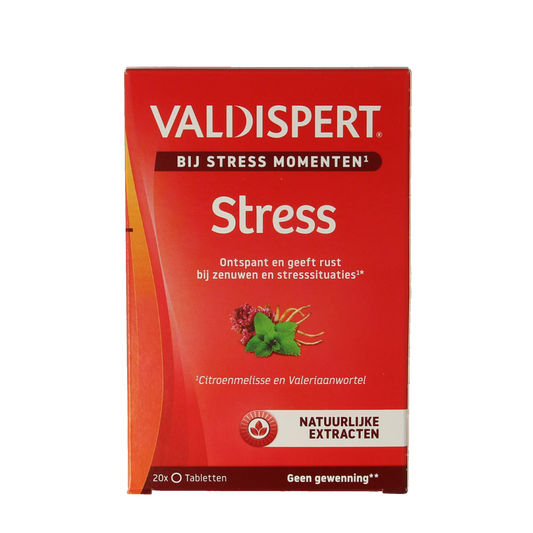 Valdispert Stress herbal supplement tablets in a blister pack, natural herbal remedy for stress relief.