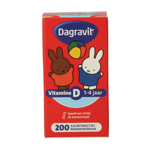 Dagravit Vitamin D tablets for kids, pack of 200, showing the small chewable tablets in a colorful blister pack.