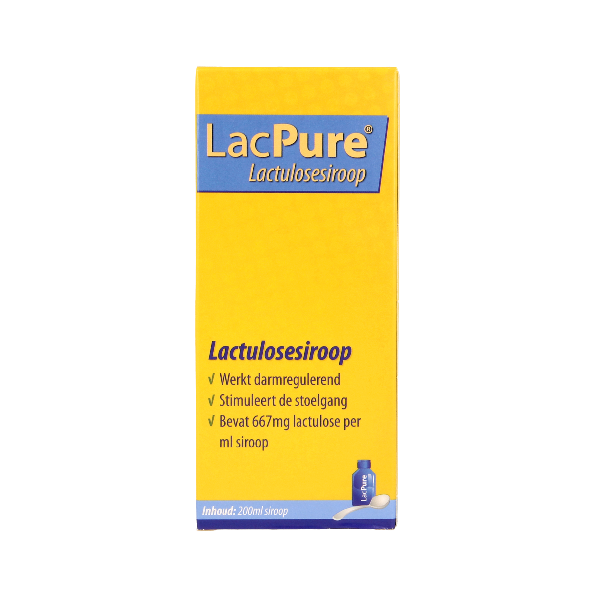 Lacpure Lactulosesiroop 200ml bottle, clear liquid in a white cap bottle, used as a laxative or digestive aid.