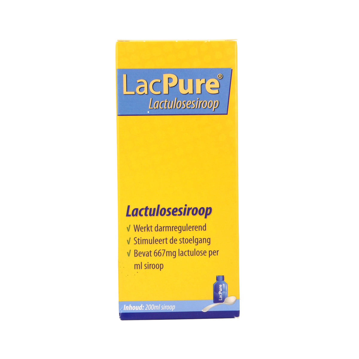Lacpure Lactulose Syrup 200ml bottle with white label and measuring cap, designed for digestive health and laxative use.