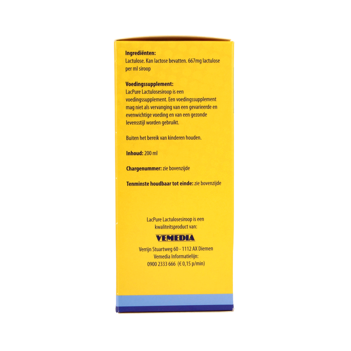 Lacpure Lactulosesiroop 200ml bottle, clear liquid medicine for digestive health, with label and cap visible.