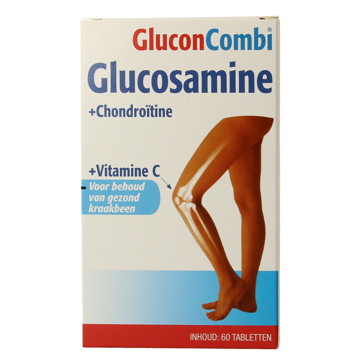Glucon Combi Glucosamine, Chondroitin, and Vitamin C supplement box with 60 tablets, designed for joint health and minerals.