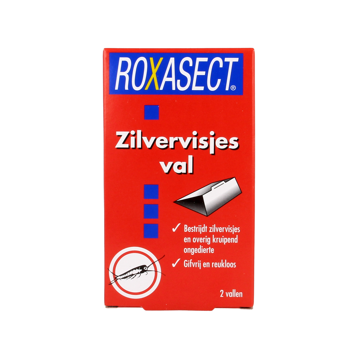 Roxasect Zilvervisjesval for home and comfort, two silver insect traps with brand logo, designed to attract and trap silverfish.