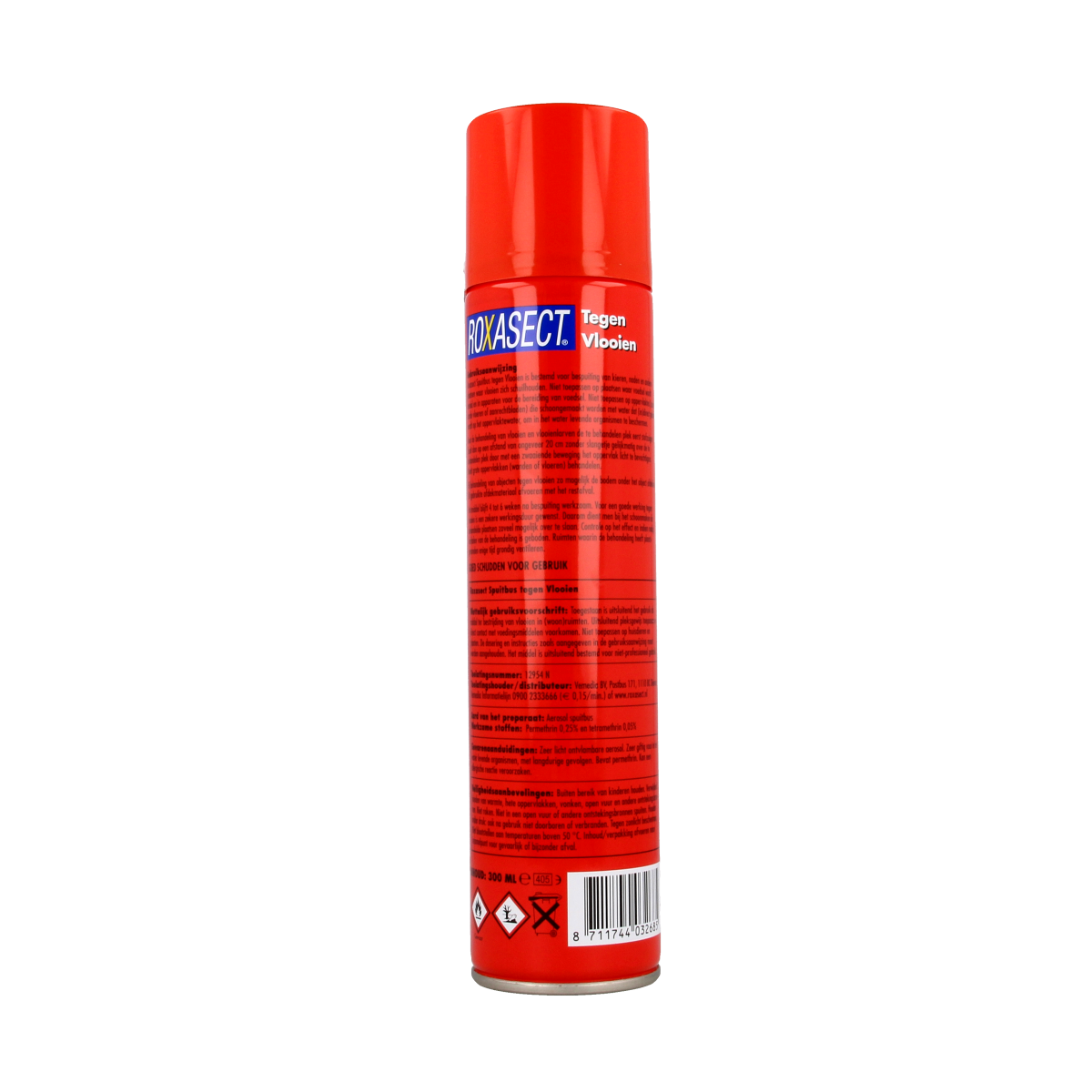 Roxasect Spuitbus pesticide for fleas, 300ml, spray bottle with white nozzle and label, designed for flea control.