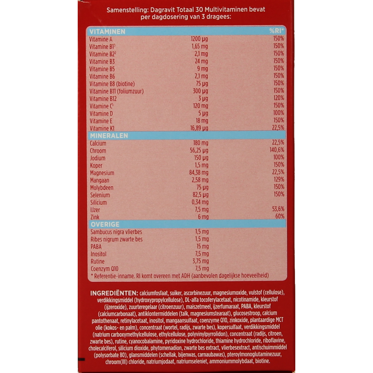Dagravit Totaal 30 multivitamine met 50 gratis dragees, vitamine supplement in een witte verpakking, close-up van de verpakking.