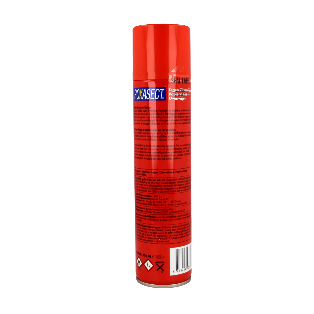 Roxasect spuitbus pesticide for silverfish control, 400ml spray can, with label showing product branding and usage instructions.