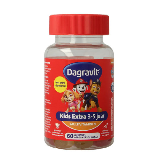 Dagravit Kids Extra 3-5 jaar multivitamin gummies for children, featuring colorful, fruit-flavored chewable vitamins.