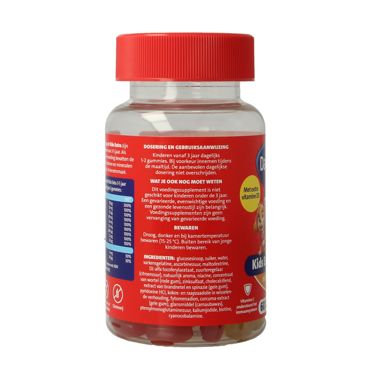 Dagravit Kids extra 3-5 jaar multivitamine gummies for children aged 3 to 5, displayed in a colorful bottle.