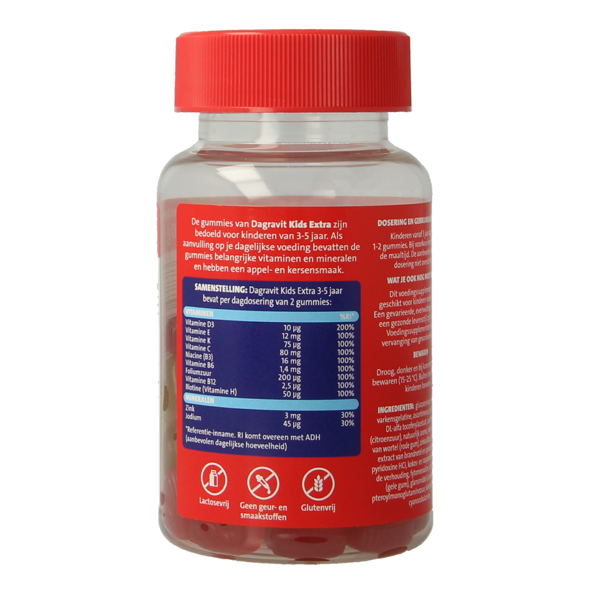 Dagravit Kids extra 3-5 jaar vitamin multivitamin gummies in colorful bear shapes for children aged 3 to 5 years.