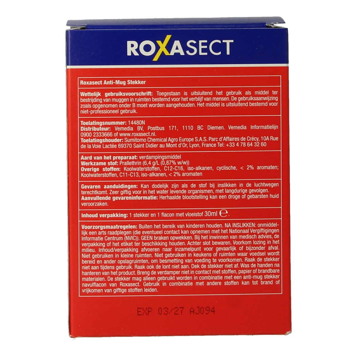 Roxasect pesticide plug against mosquitoes, 1 unit, based on prallethrin, showing the plug device with packaging.