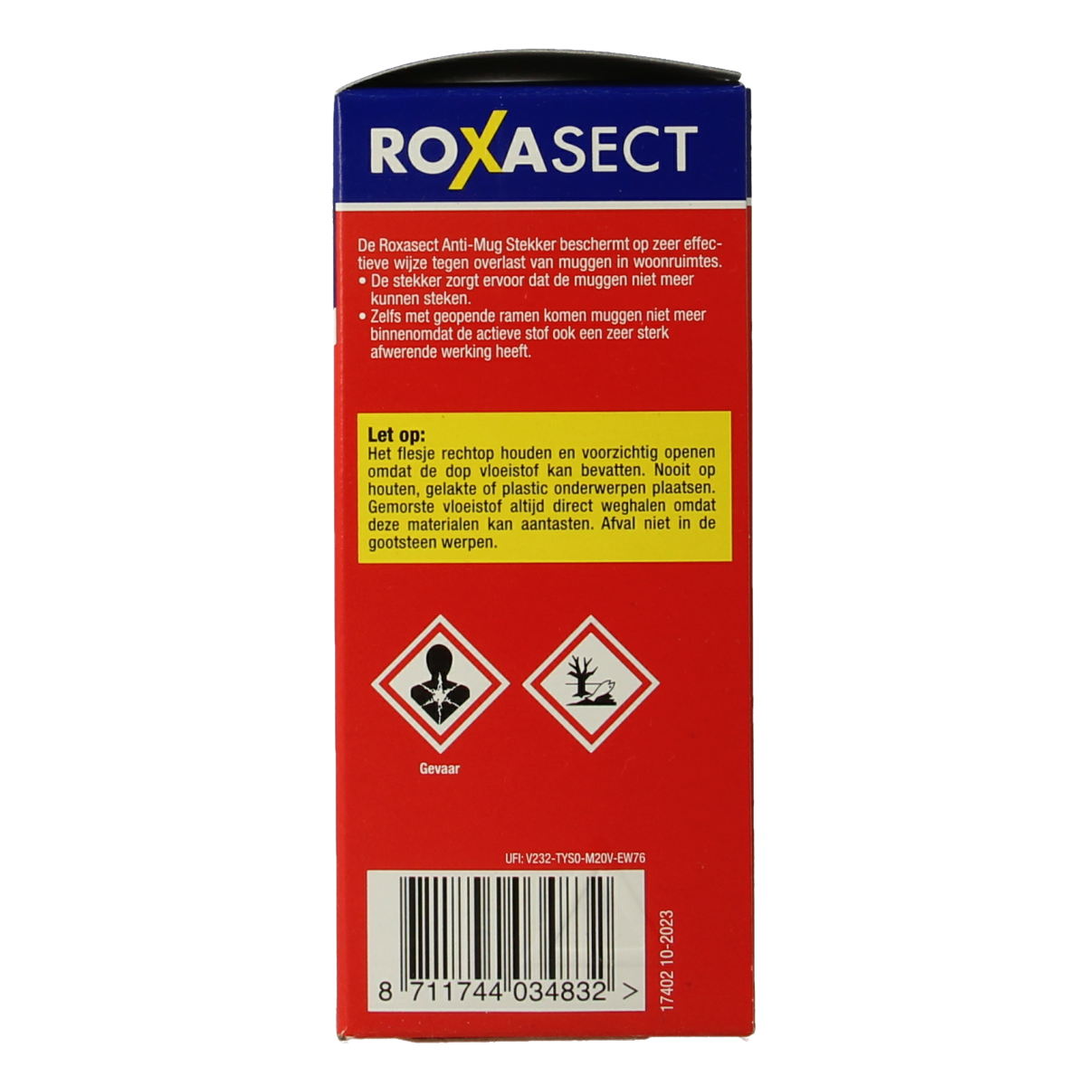 Roxasect pesticide plug-in against mosquitoes with prallethrin, shown plugged into a wall socket.