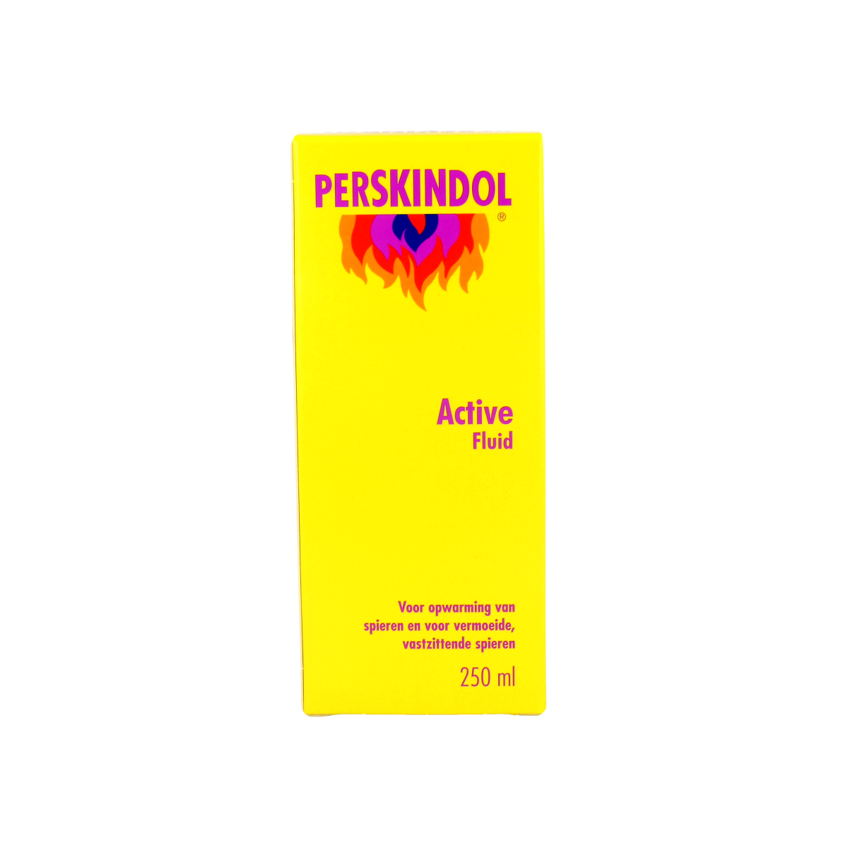 Perskindol Active fluid 250ml for muscle and joint care, showing the bottle with blue and white label and cap.