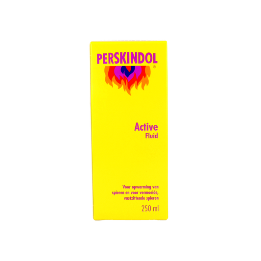 Perskindol Active fluid 250ml for muscle and joint care, showing the bottle with blue and white label and cap.